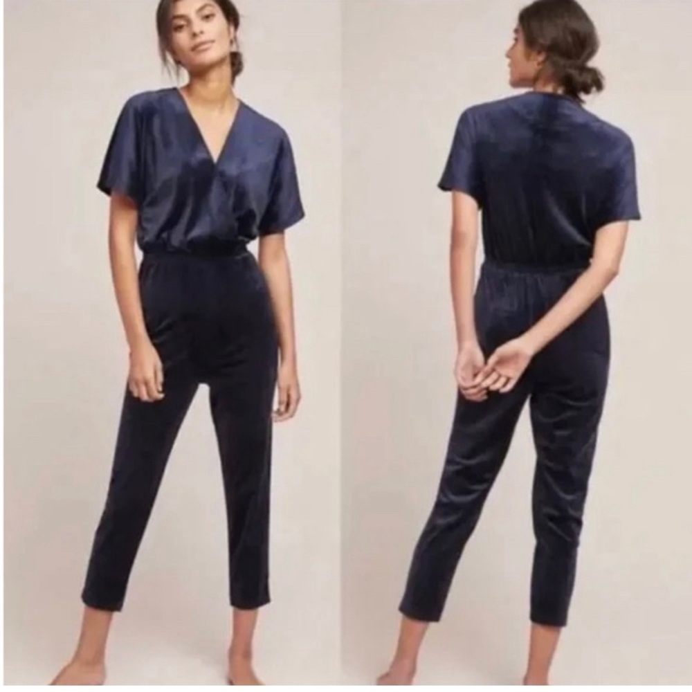 Anthropologie Saturday Sunday Jumpsuit Women L Blue Velvet Lounge Classic